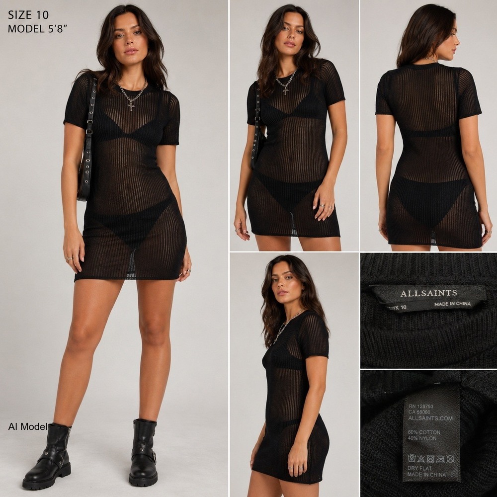 AllSaints Sheer Knit Mini Dress size 10 Coverup Indie Sleaze Grunge Bodycon